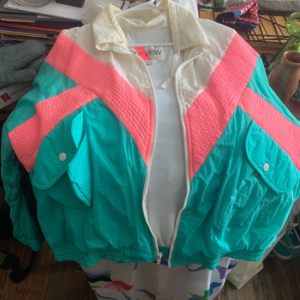 Vintage 80s 90s Teal Hot Pink Windbreaker Jacket